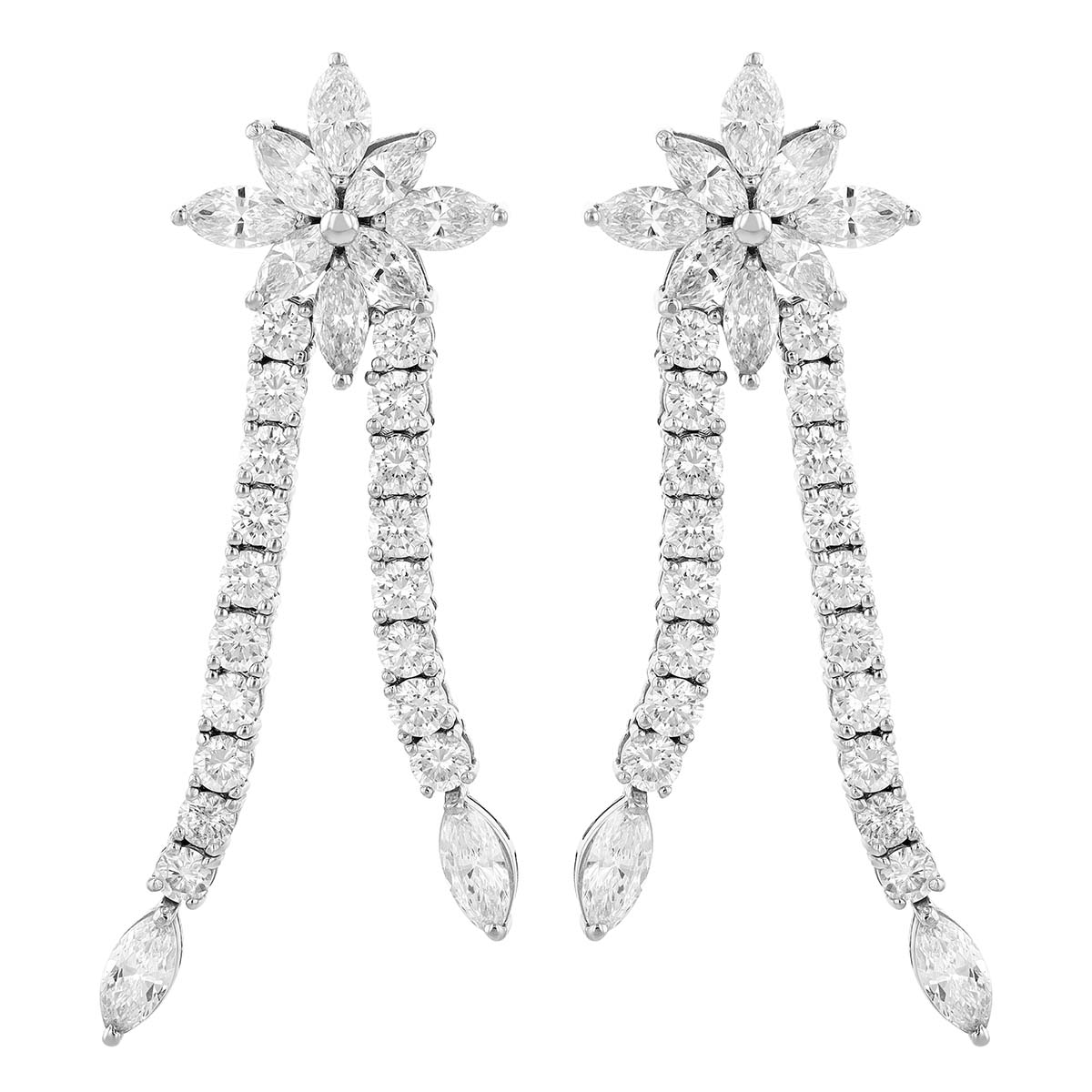 TARA Marquise & Round Diamond Ribbon Dangle Earrings in White Gold