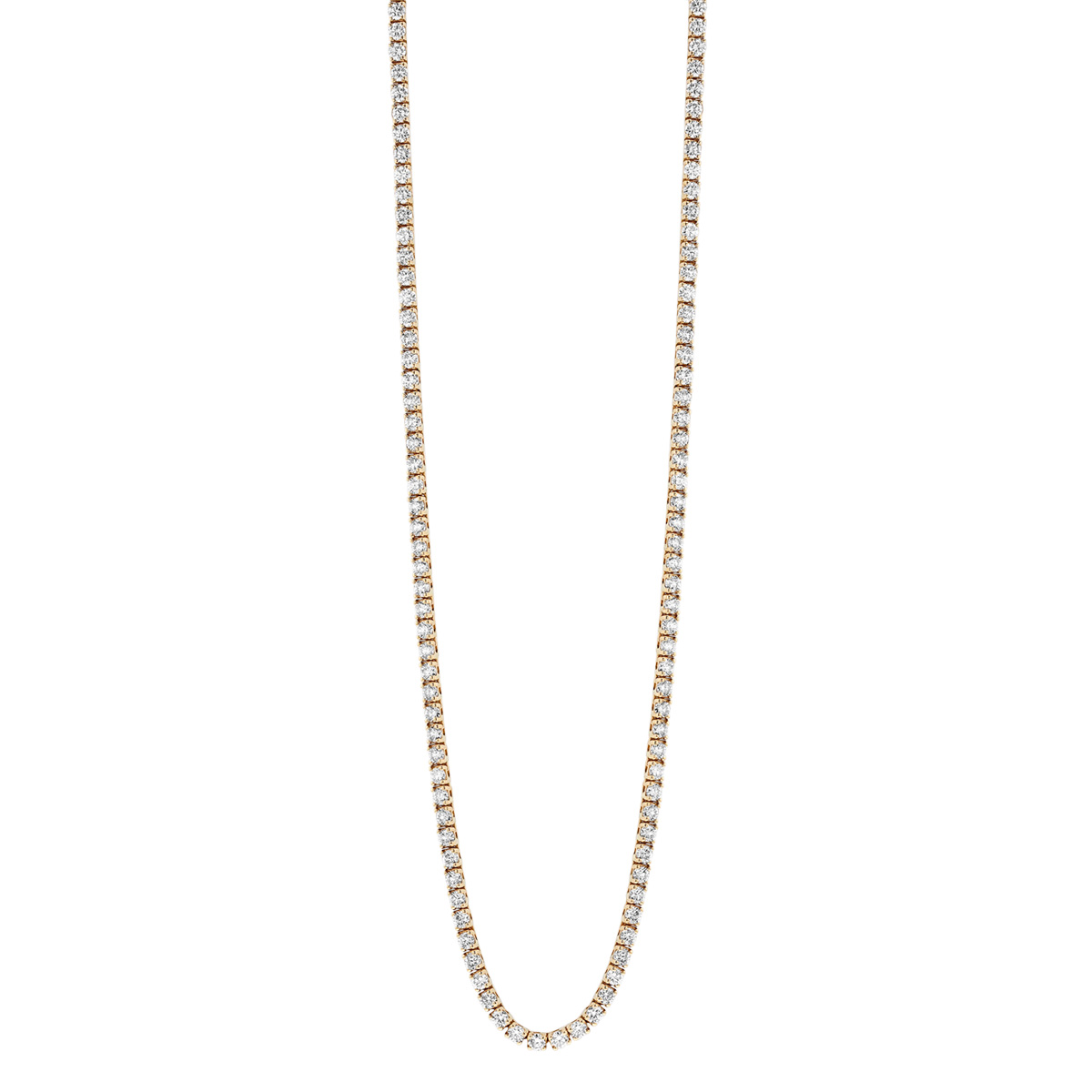 Round Diamond 4 Prong Tennis Necklace in Yellow Gold, 11.65 aptw