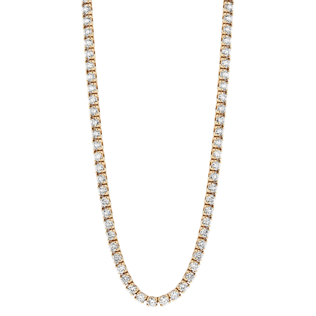 Round Diamond 4 Prong Tennis Necklace in Yellow Gold, 11.65 aptw