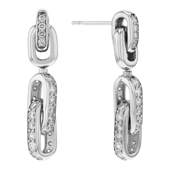 Diamond Paperclip Link Dangle Earrings in White Gold