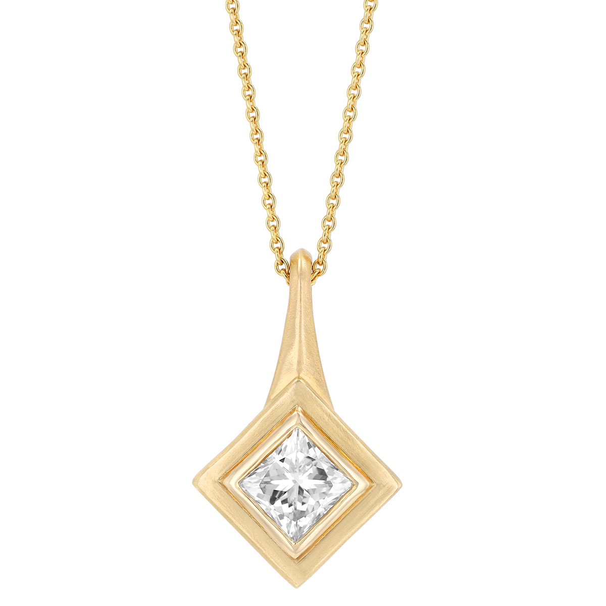 Bezel Set Princess Cut Diamond Solitaire Square Pendant in Yellow Gold, 18