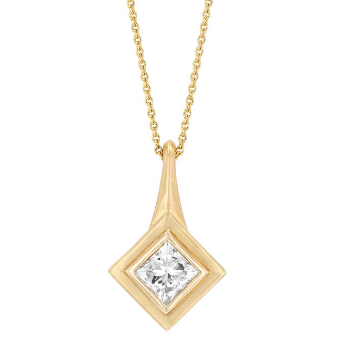Bezel Set Princess Cut Diamond Solitaire Square Pendant in Yellow Gold, 18"