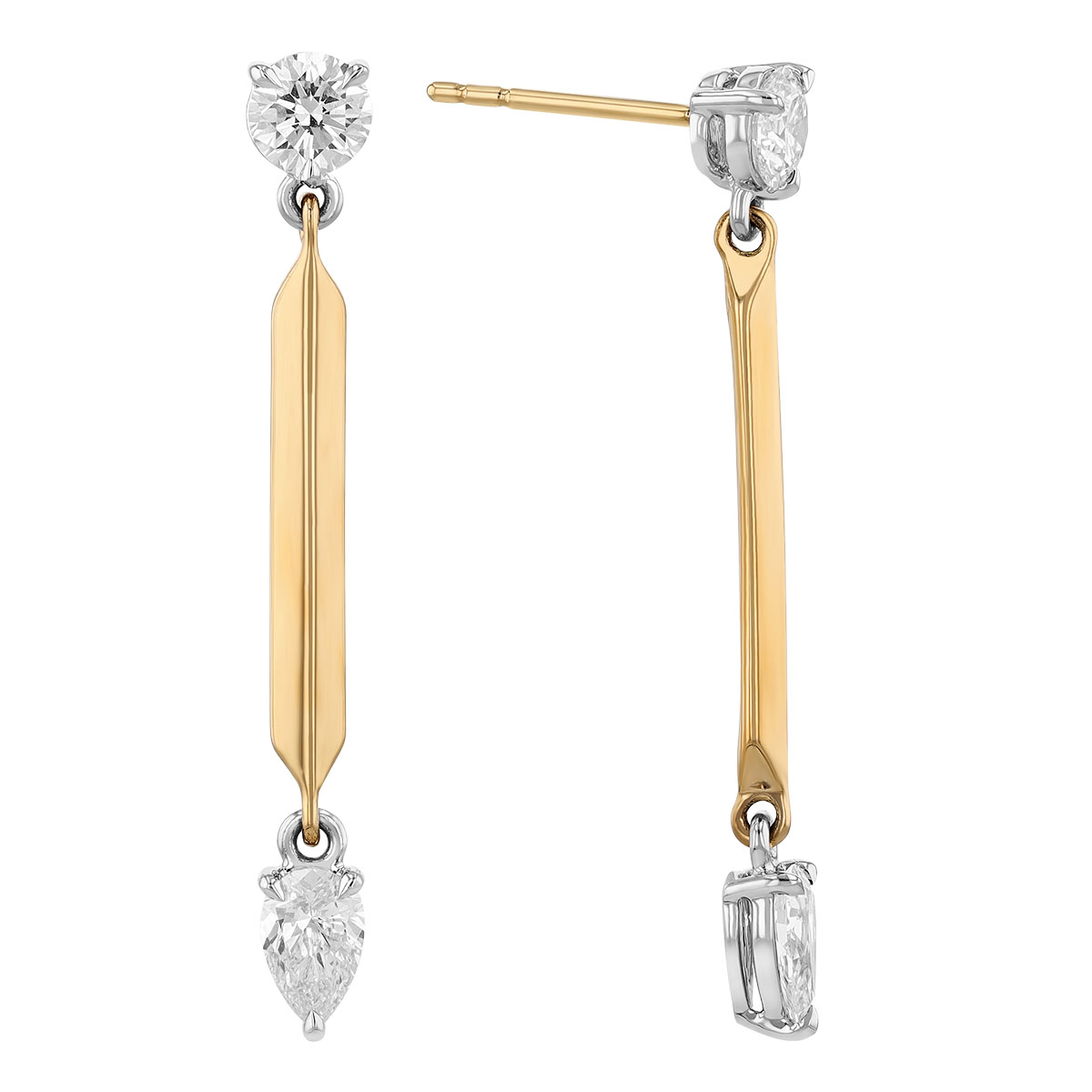 Phillips House Round & Pear Diamond Knife Edge Drop Earrings in Yellow Gold & Platinum, 1.5