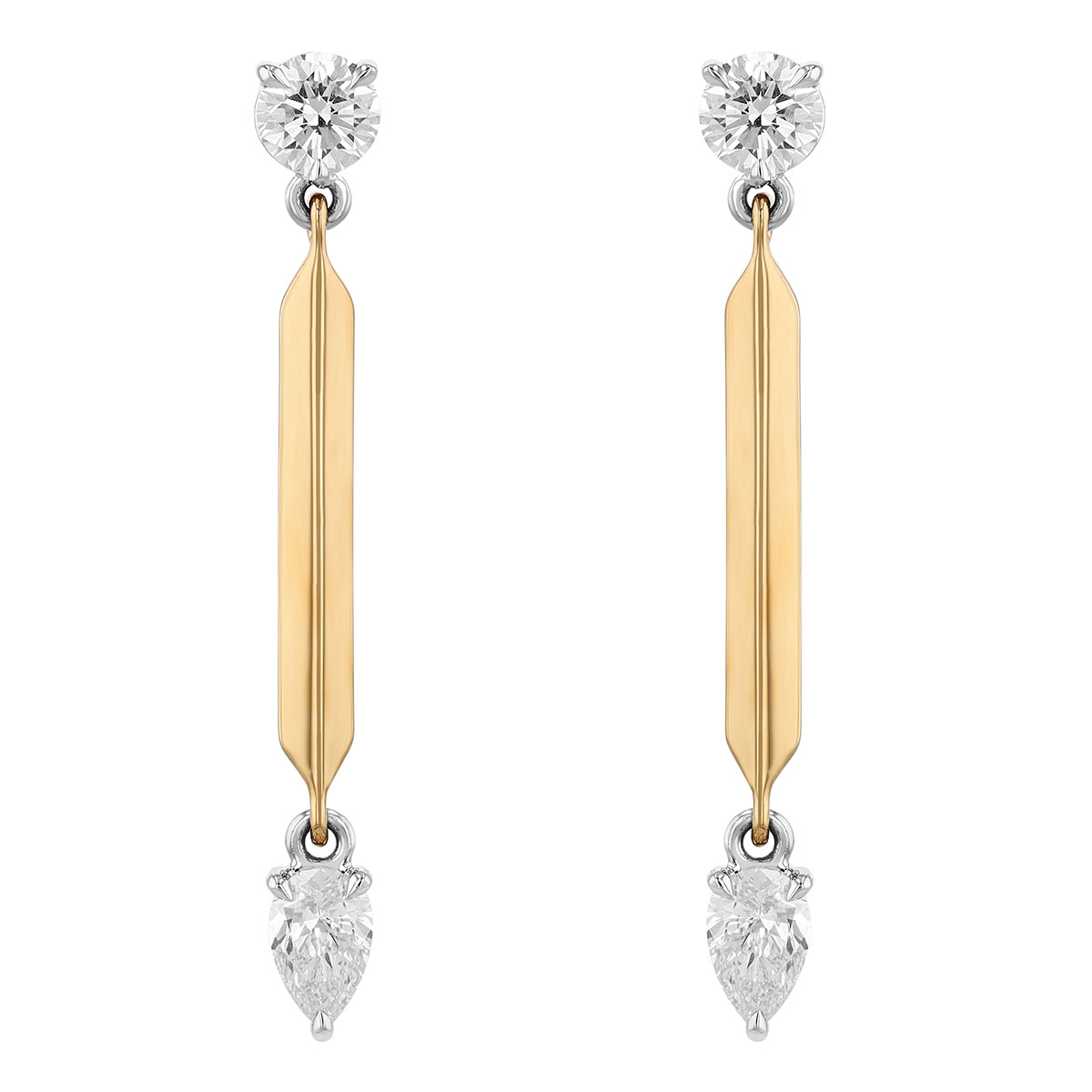 Phillips House Round & Pear Diamond Knife Edge Drop Earrings in Yellow Gold & Platinum, 1.5