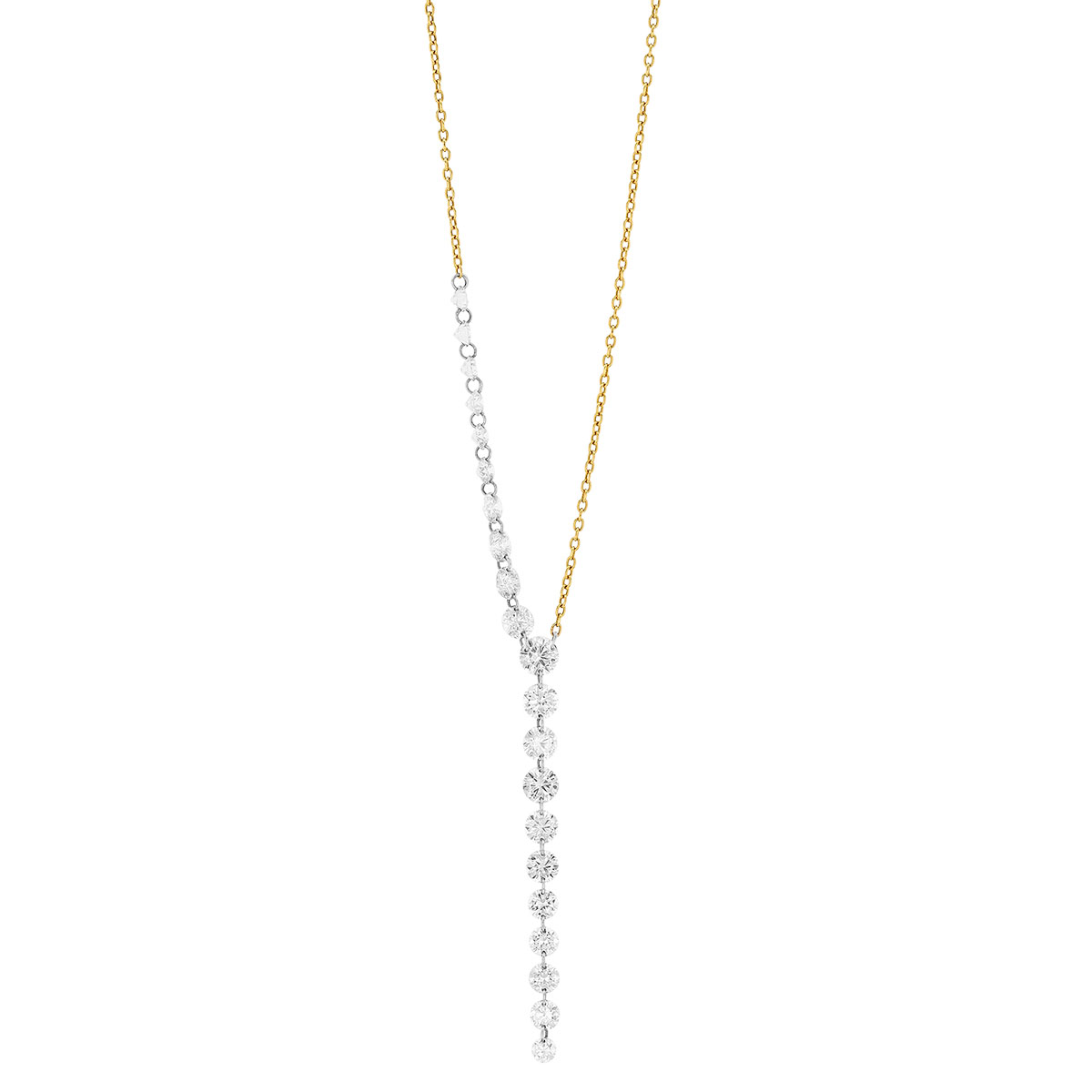 Aresa Graduated Round Diamond Lariat Asymmetrical Necklace in Yellow Gold, 18