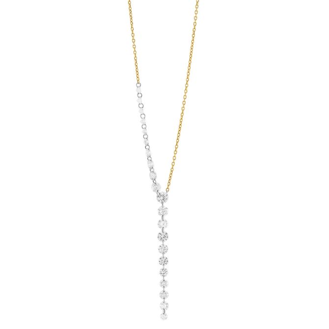 Aresa Graduated Round Diamond Lariat Asymmetrical Necklace in Yellow Gold, 18"