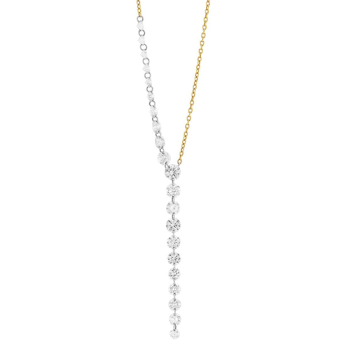 Aresa Graduated Round Diamond Lariat Asymmetrical Necklace in Yellow Gold, 18
