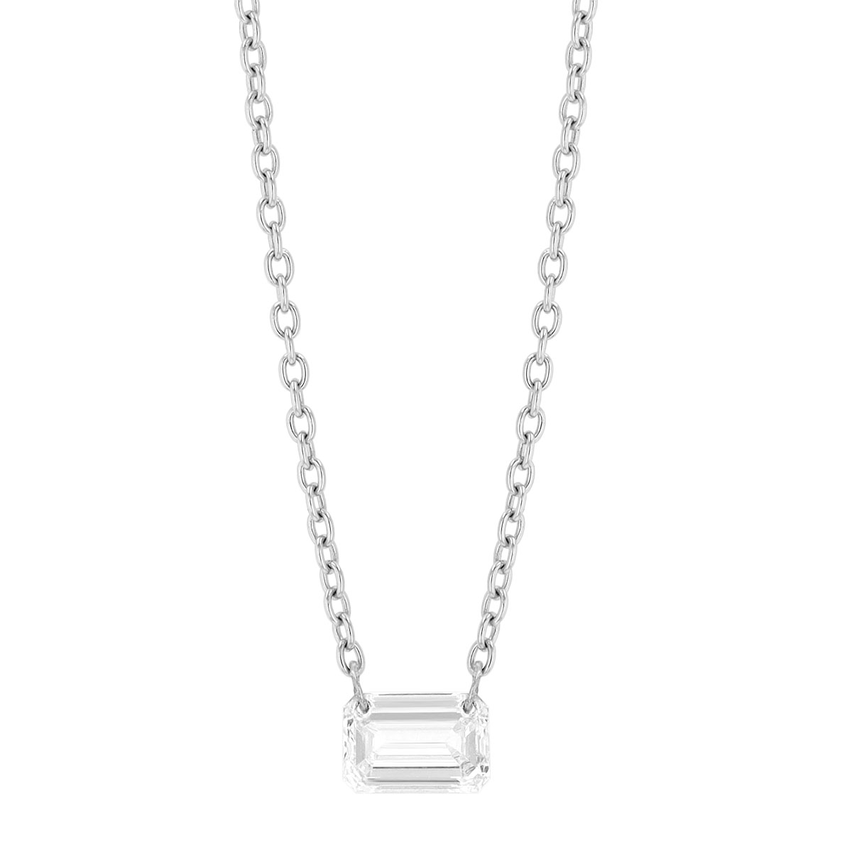 Aresa Emerald Cut Diamond Solitaire Necklace in White Gold, 18