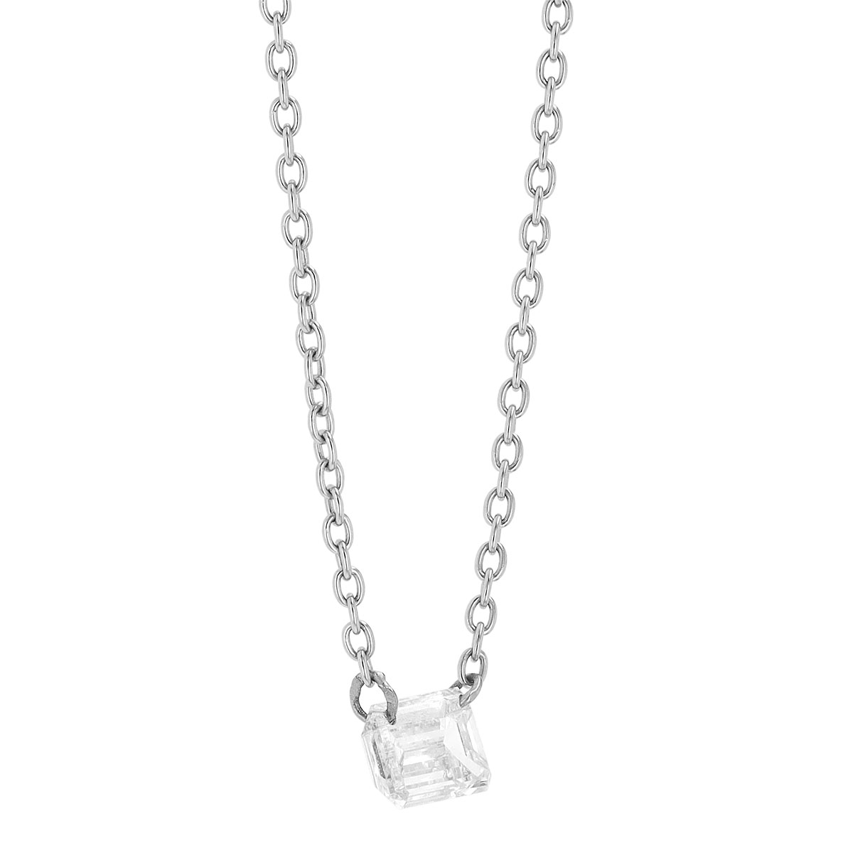Aresa Emerald Cut Diamond Solitaire Necklace in White Gold, 18