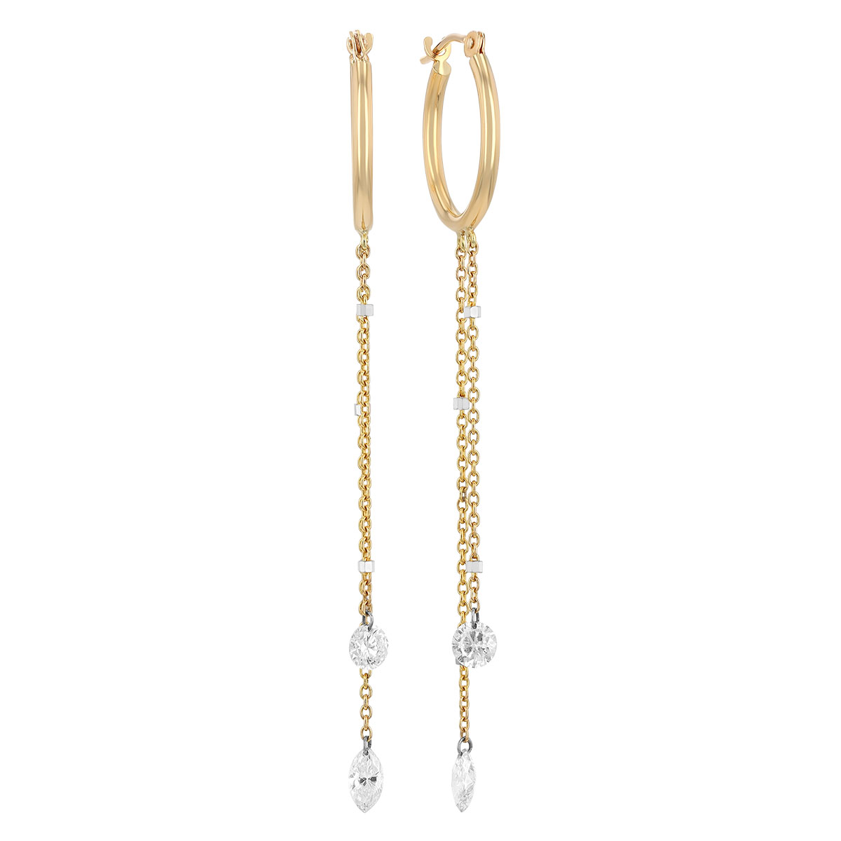 Aresa Round & Marquise Diamond Long Dangle Hoop Earrings in Yellow Gold