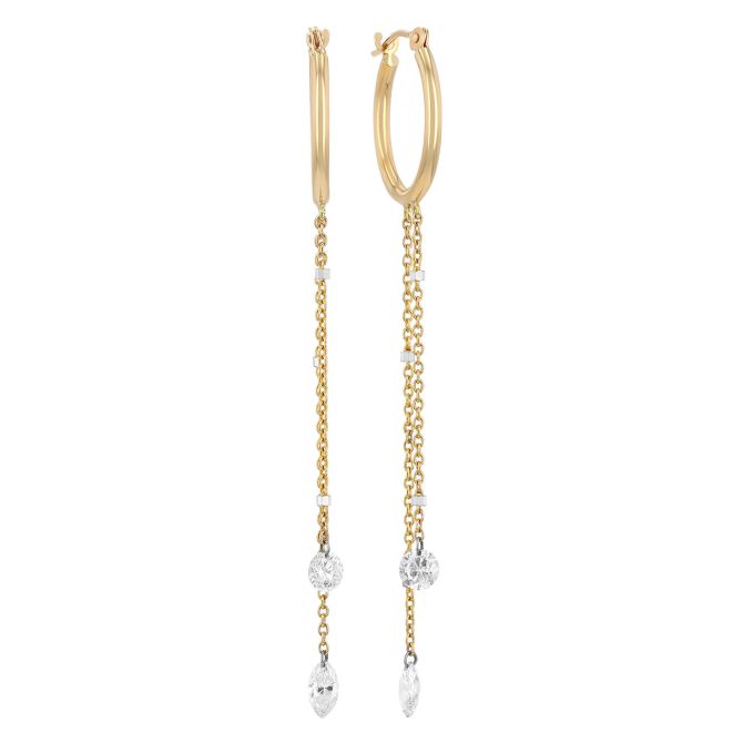Aresa Round & Marquise Diamond Long Dangle Hoop Earrings in Yellow Gold