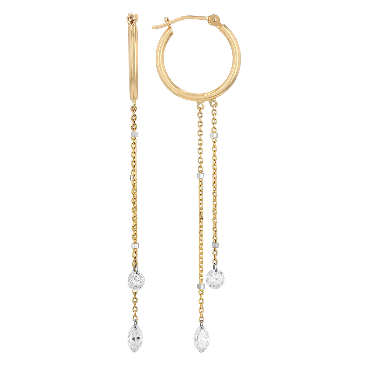 Aresa Round & Marquise Diamond Long Dangle Hoop Earrings in Yellow Gold