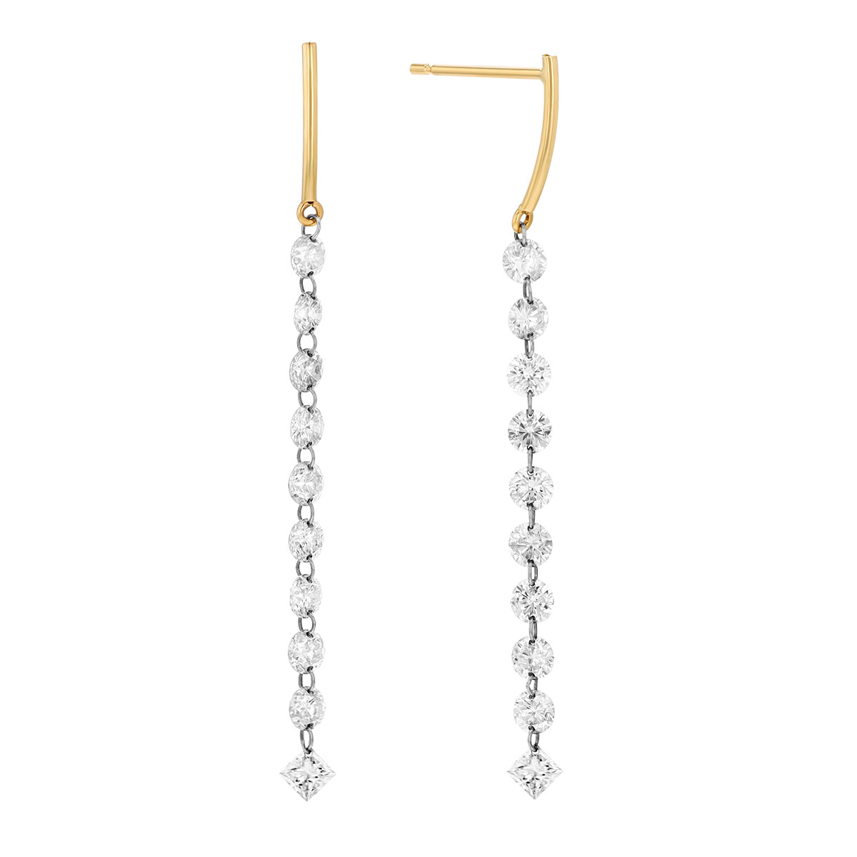 Aresa Round & Princess Cut Diamond Long Dangle Earrings in Yellow Gold