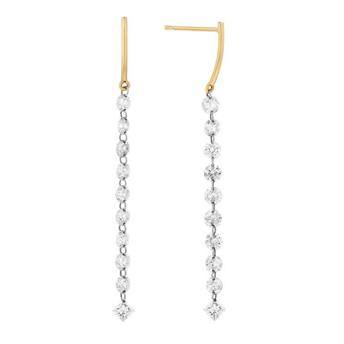 Aresa Round & Princess Cut Diamond Long Dangle Earrings in Yellow Gold