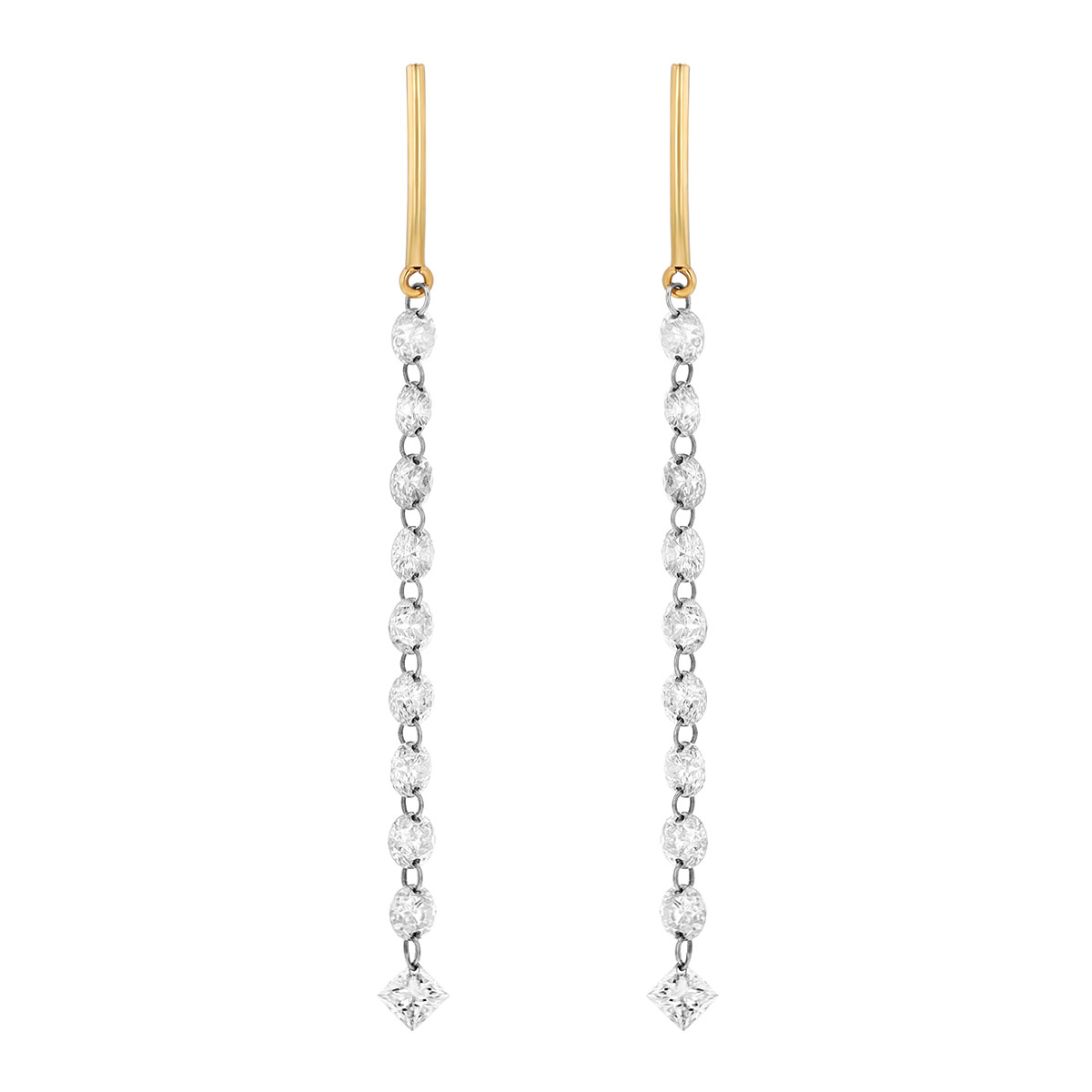 Aresa Round & Princess Cut Diamond Long Dangle Earrings in Yellow Gold