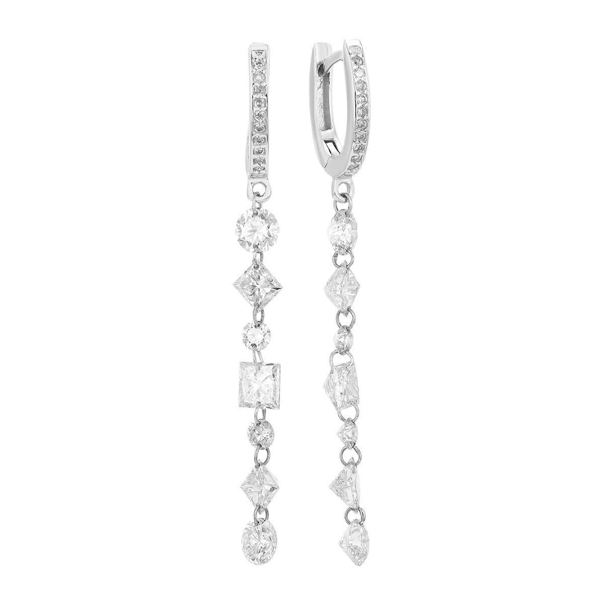 Aresa Round & Princess Cut Diamond Dangle Huggie Hoop Earrings in White Gold