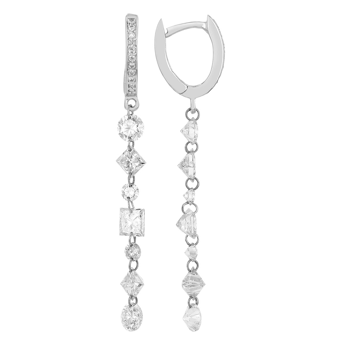 Aresa Round & Princess Cut Diamond Dangle Huggie Hoop Earrings in White Gold