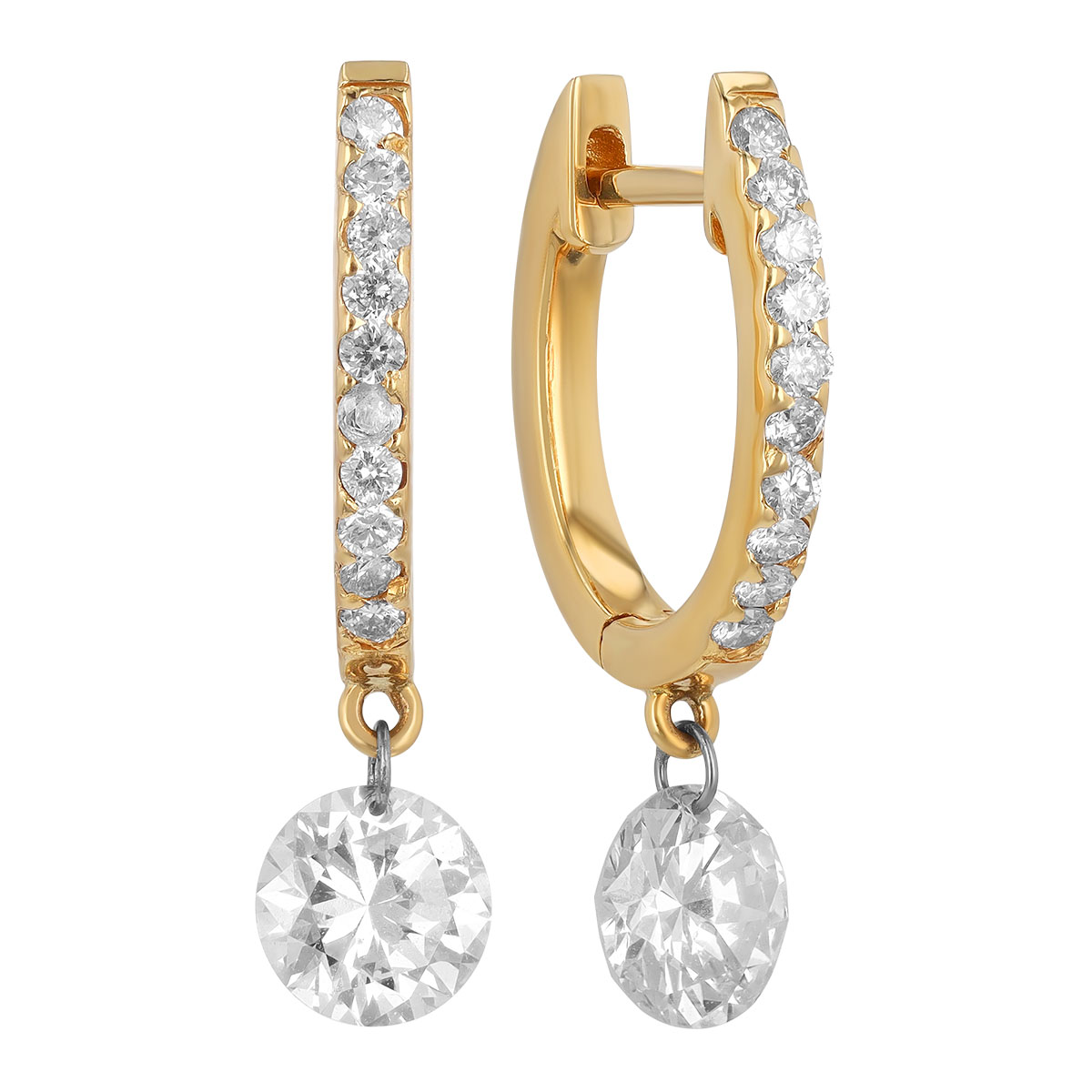 Aresa Round Diamond Dangle Huggie Hoop Earrings in Yellow Gold, 1.19 cttw