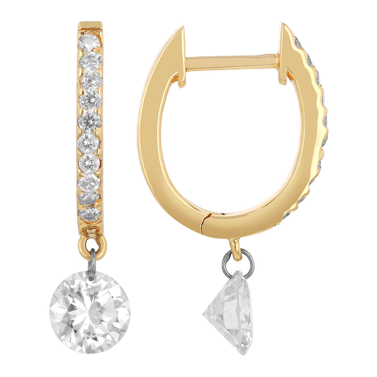 Aresa Round Diamond Dangle Huggie Hoop Earrings in Yellow Gold, 1.19 cttw