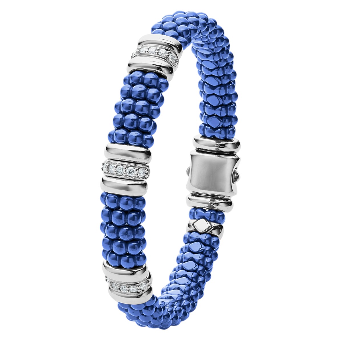 Lagos Blue Caviar Ultramarine Three Station Diamond 9mm Bracelet, Medium