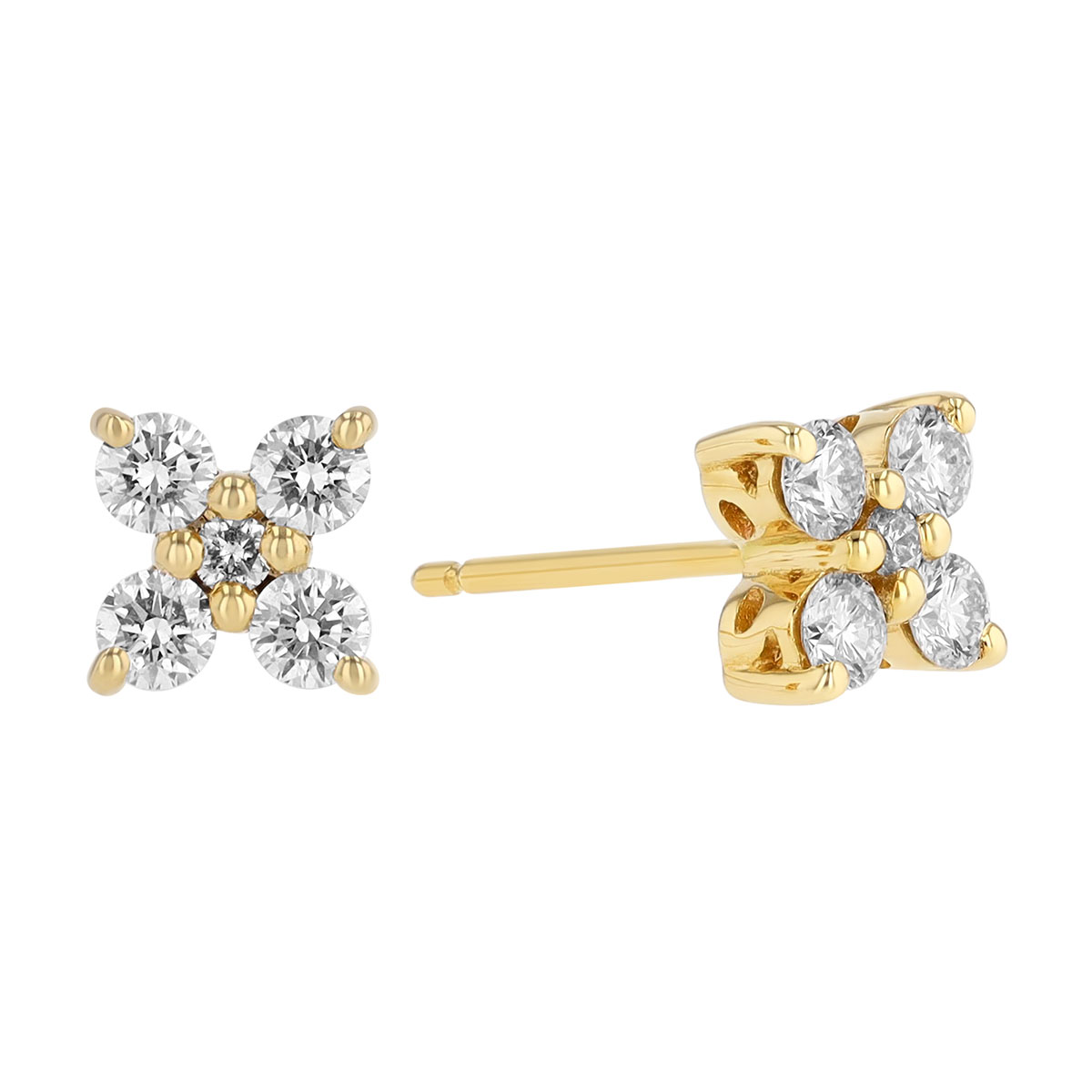 Diamond Cluster Four Point Stud Earrings in Yellow Gold