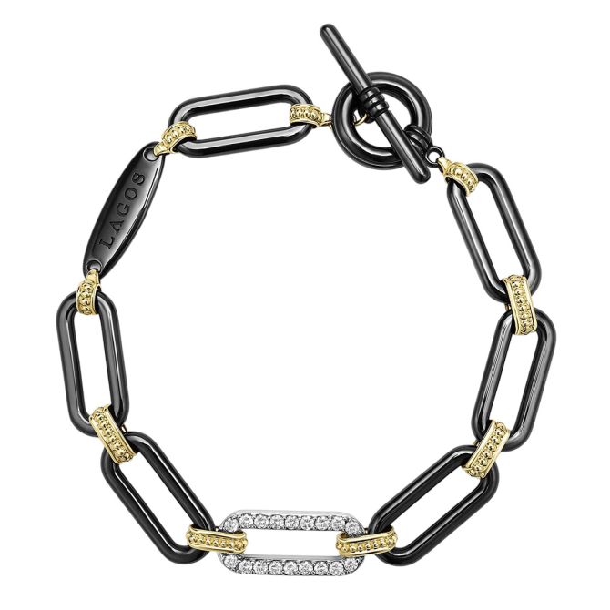 LAGOS Signature Caviar 18K Gold & Black Ceramic Diamond Station Link Bracelet, 7.5", 10mm