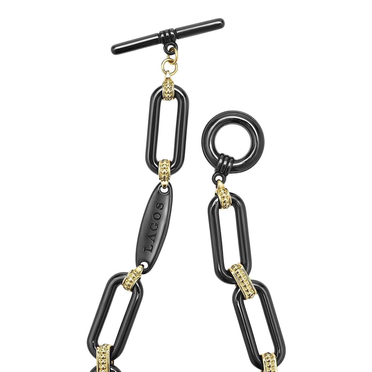 LAGOS Signature Caviar 18K Gold & Black Ceramic Diamond Station Link Bracelet, 7.5