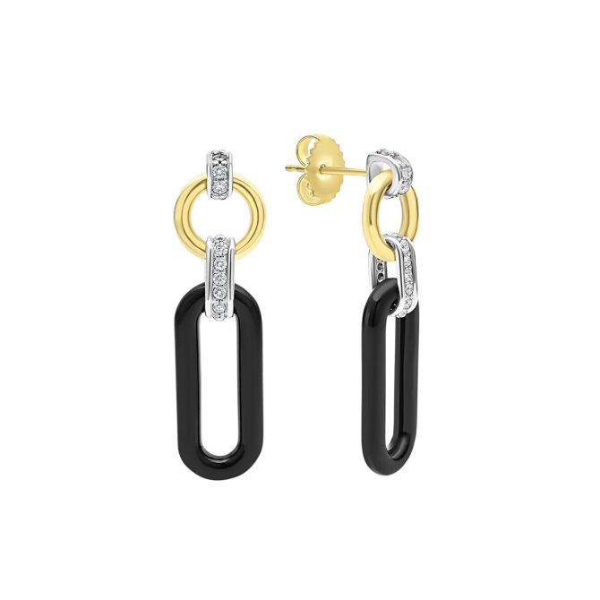LAGOS Signature Caviar 18K Gold & Black Ceramic Diamond Link Drop Earrings