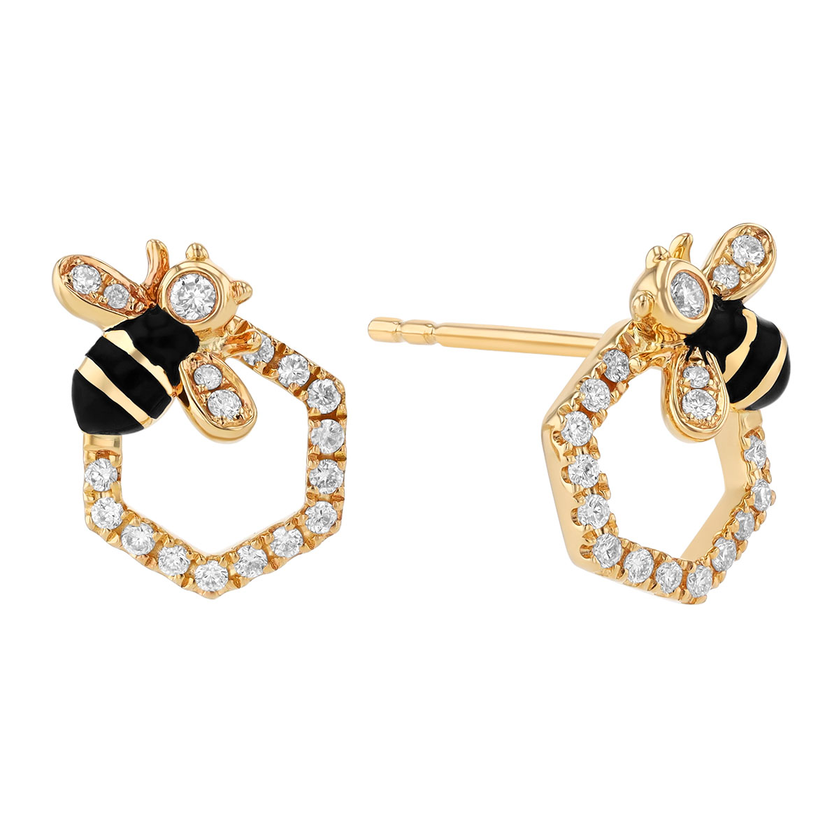 Diamond Hexagon & Black Enamel Bee Stud Earrings in Yellow Gold