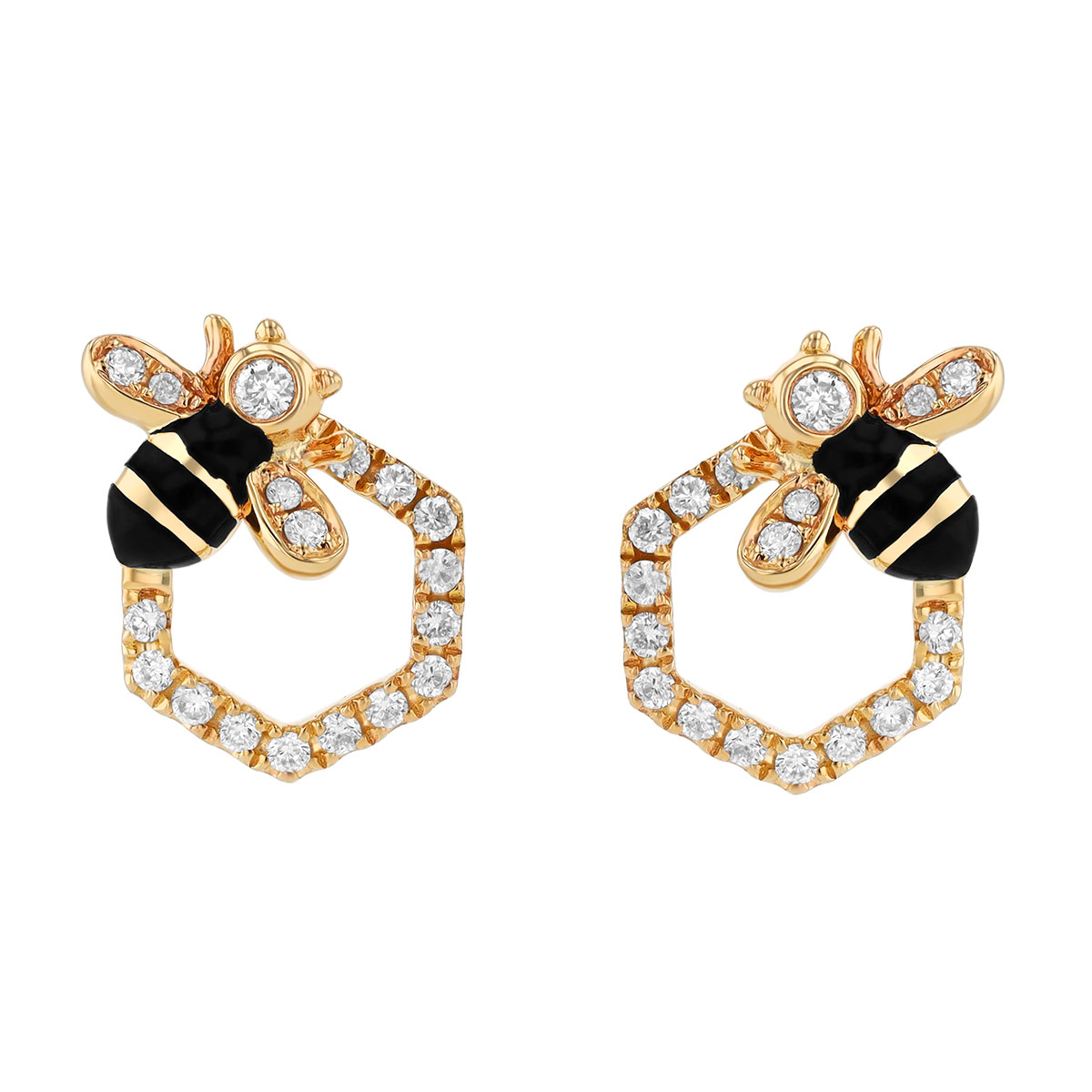Diamond Hexagon & Black Enamel Bee Stud Earrings in Yellow Gold