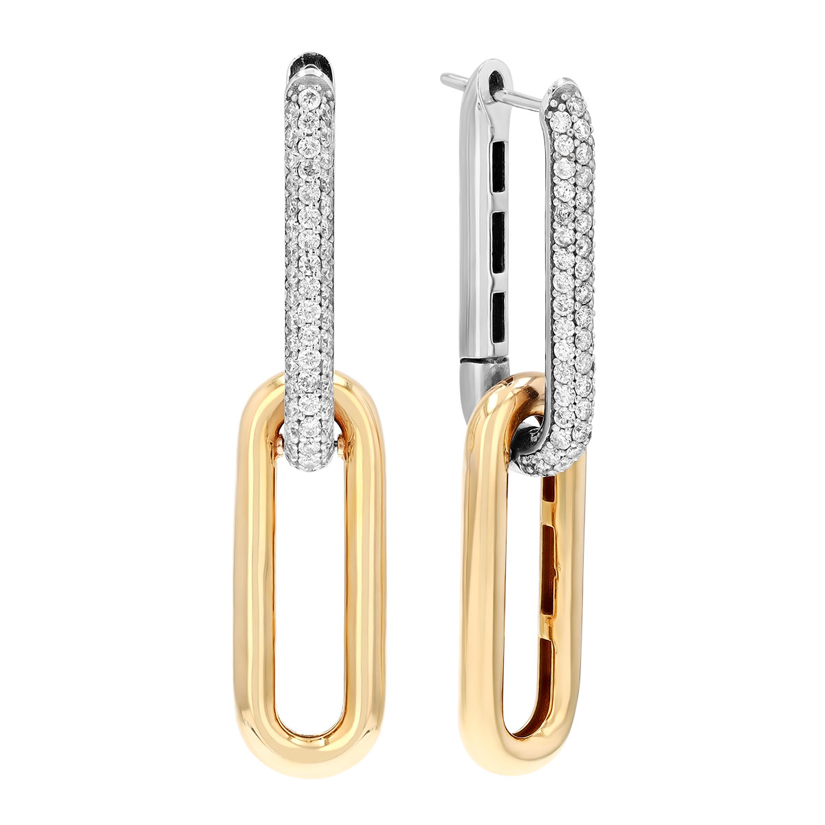 Diamond Paperclip Double Link Dangle Earrings in Two Tone