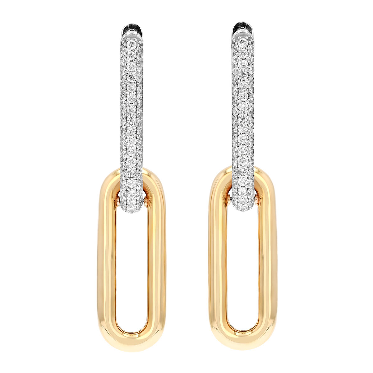 Diamond Paperclip Double Link Dangle Earrings in Two Tone