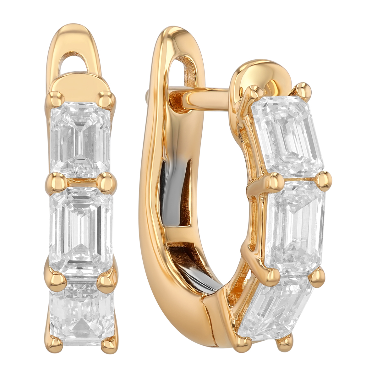 Emerald Cut Diamond Shared Prong Huggie Hoop Earrings in Yellow Gold, 1.05 cttw