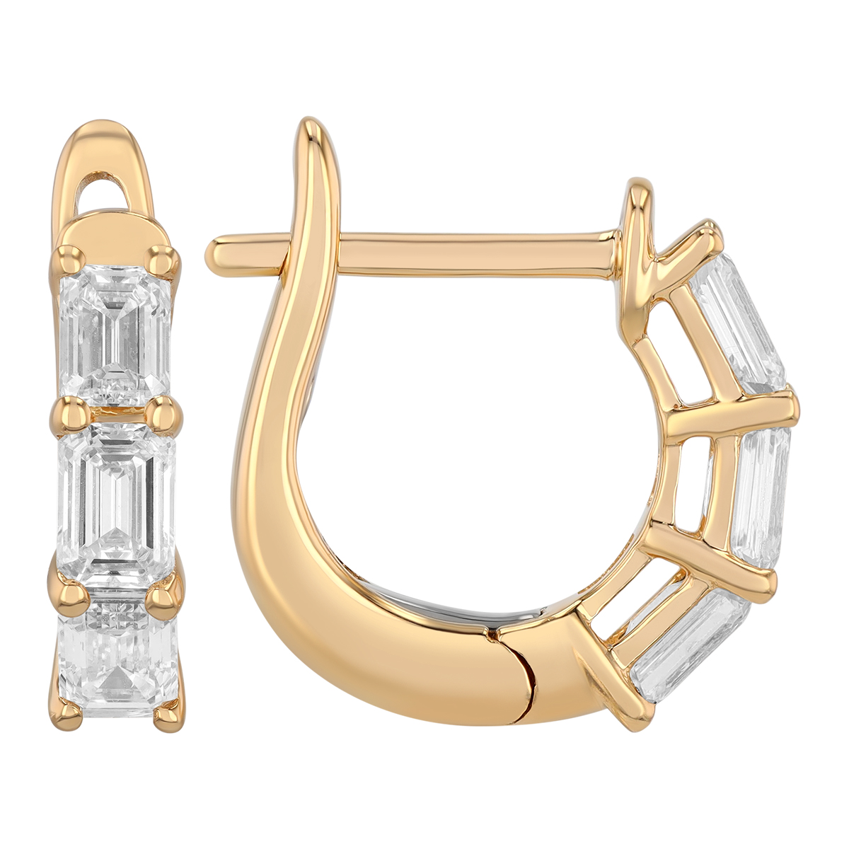 Emerald Cut Diamond Shared Prong Huggie Hoop Earrings in Yellow Gold, 1.05 cttw