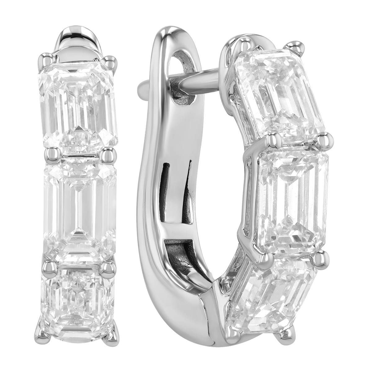 Emerald Cut Diamond Shared Prong Huggie Hoop Earrings in White Gold, 2.00 cttw