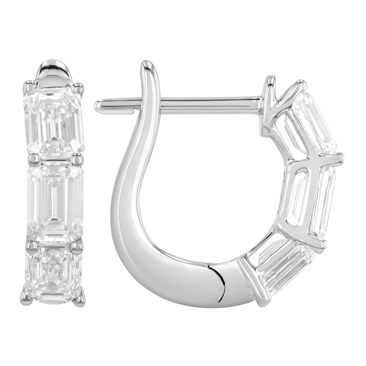 Emerald Cut Diamond Shared Prong Huggie Hoop Earrings in White Gold, 2.00 cttw