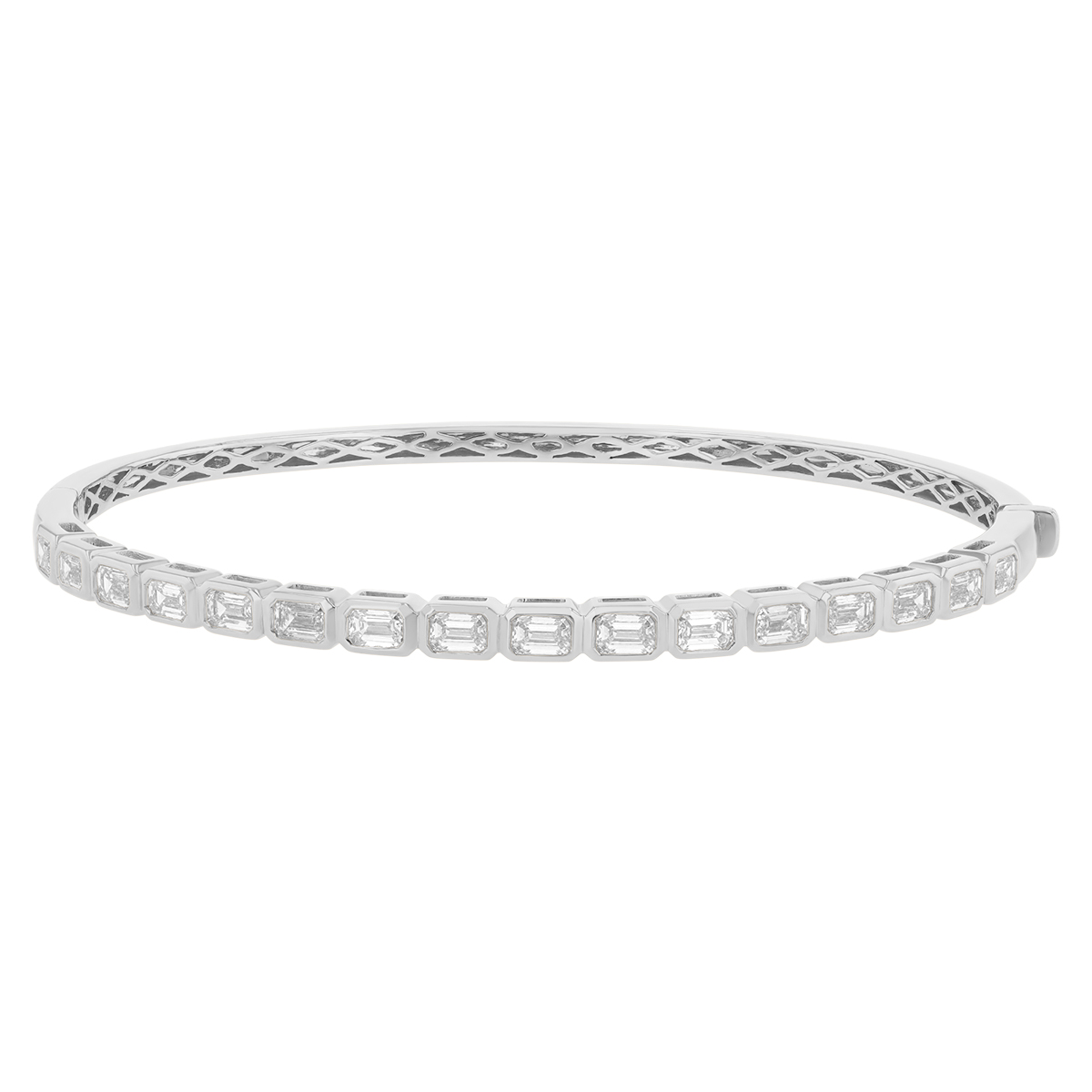 Bezel Set Emerald Cut Diamond Bangle Bracelet in White Gold, 2.50 cttw