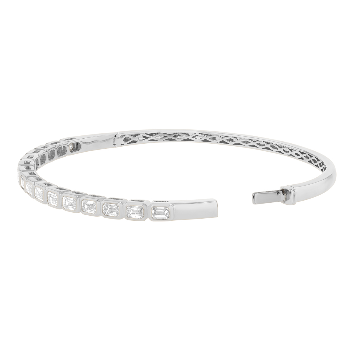 Bezel Set Emerald Cut Diamond Bangle Bracelet in White Gold, 2.50 cttw