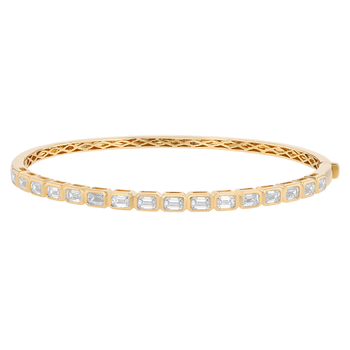 Bezel Set Emerald Cut Diamond Bangle Bracelet in Yellow Gold, 2.50 cttw