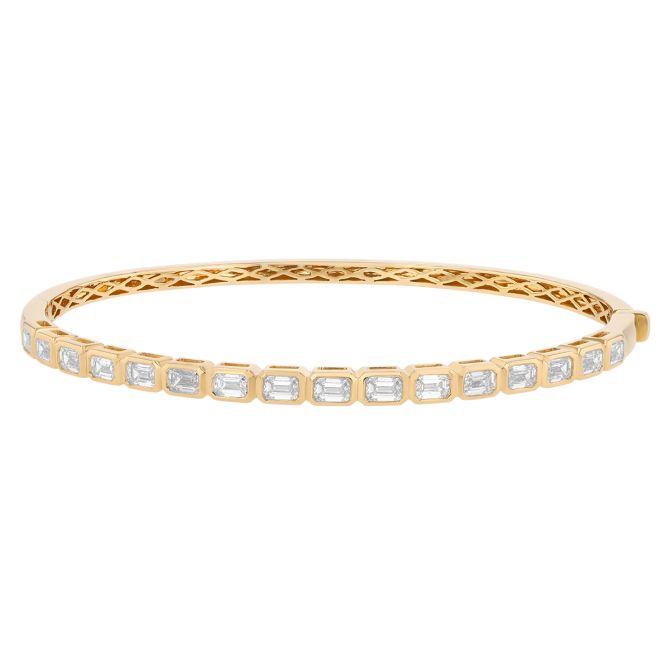 Bezel Set Emerald Cut Diamond Bangle Bracelet in Yellow Gold, 2.50 cttw