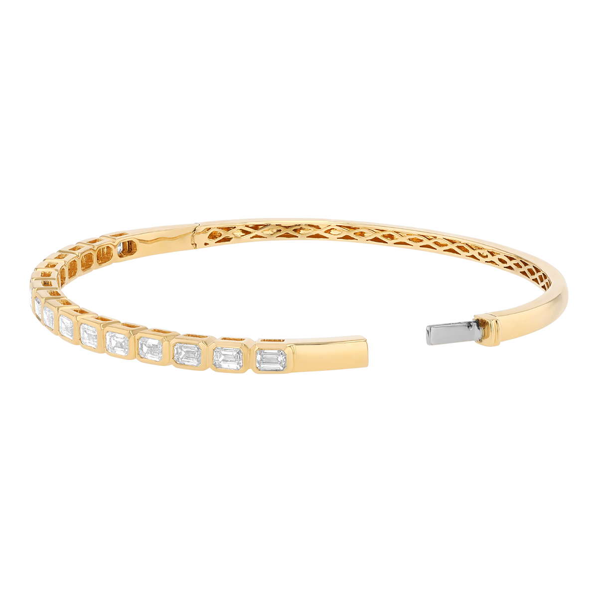 Bezel Set Emerald Cut Diamond Bangle Bracelet in Yellow Gold, 2.50 cttw