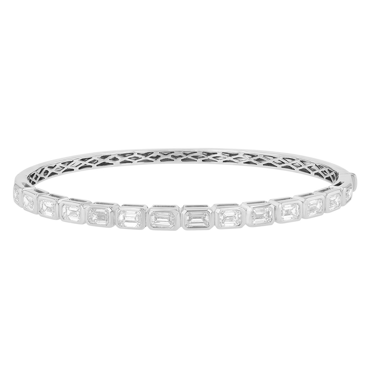 Bezel Set Emerald Cut Diamond Bangle Bracelet in White Gold, 3.50 cttw