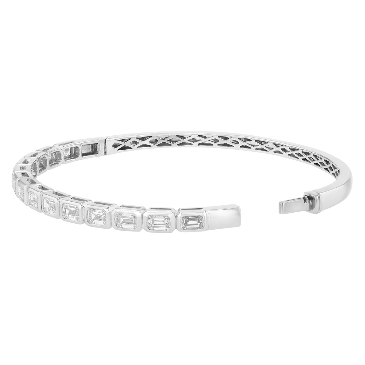 Bezel Set Emerald Cut Diamond Bangle Bracelet in White Gold, 3.50 cttw