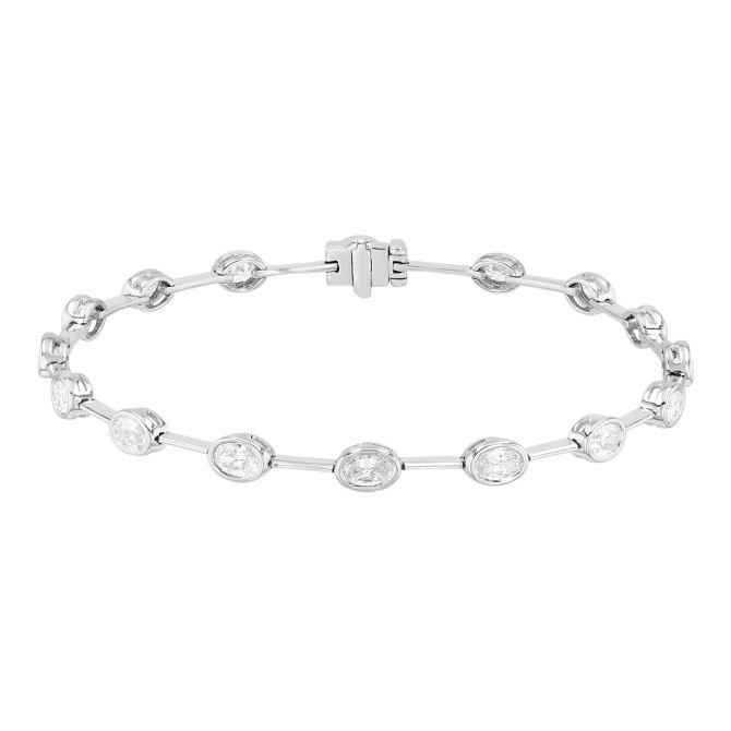 Bezel Set Oval Diamond Station Wire Bracelet in White Gold, 7"