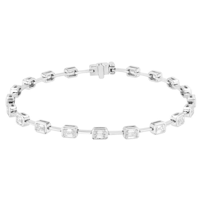 Bezel Set Emerald Cut Diamond Station Wire Bracelet in White Gold, 7"