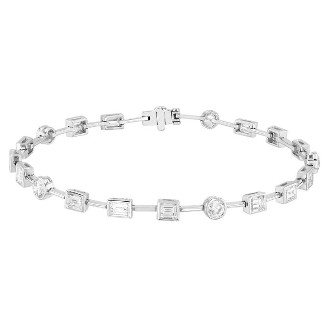 Bezel Set Mixed Diamond Shape Station Wire Bracelet in White Gold, 7"