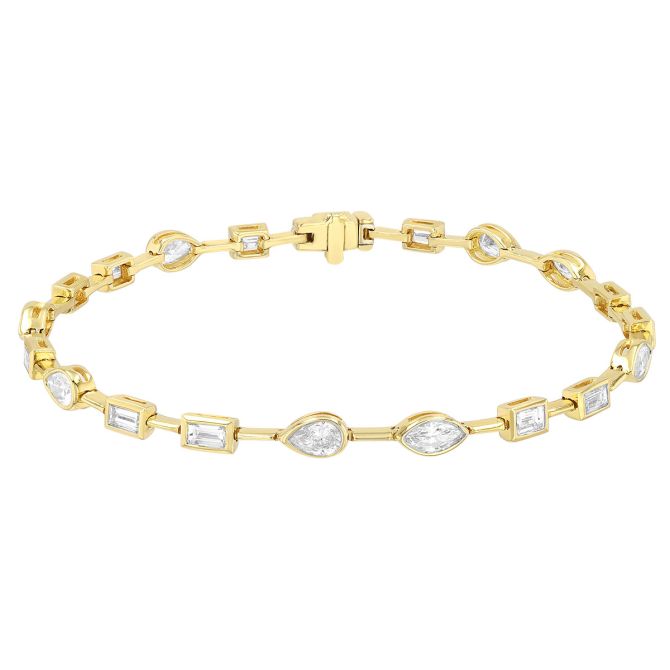 Bezel Set Mixed Diamond Shape Station Wire Bracelet in Yellow Gold, 7"