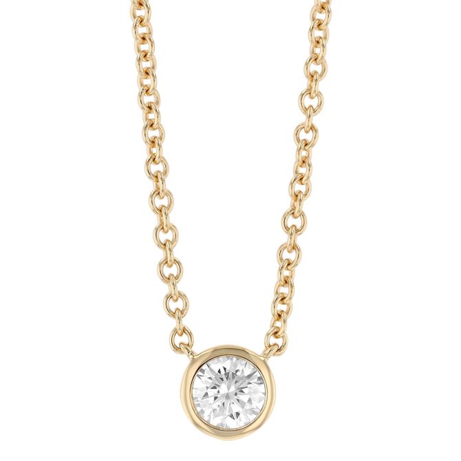 Bezel Set Round Diamond Solitaire Pendant in Yellow Gold, 16", 0.40 ct