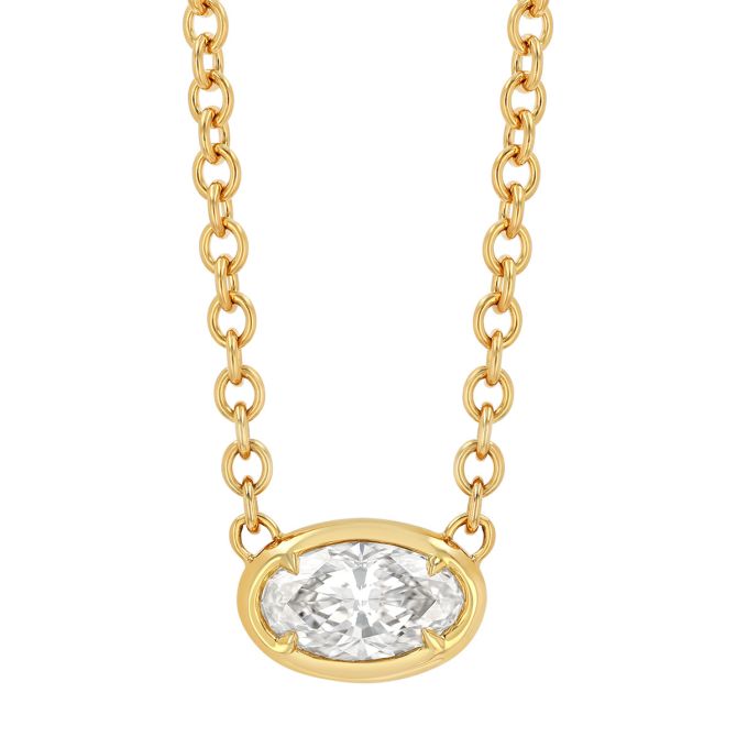 Rahaminov Oval Diamond Solitaire Pendant in Yellow Gold, 16", 1.70 cttw
