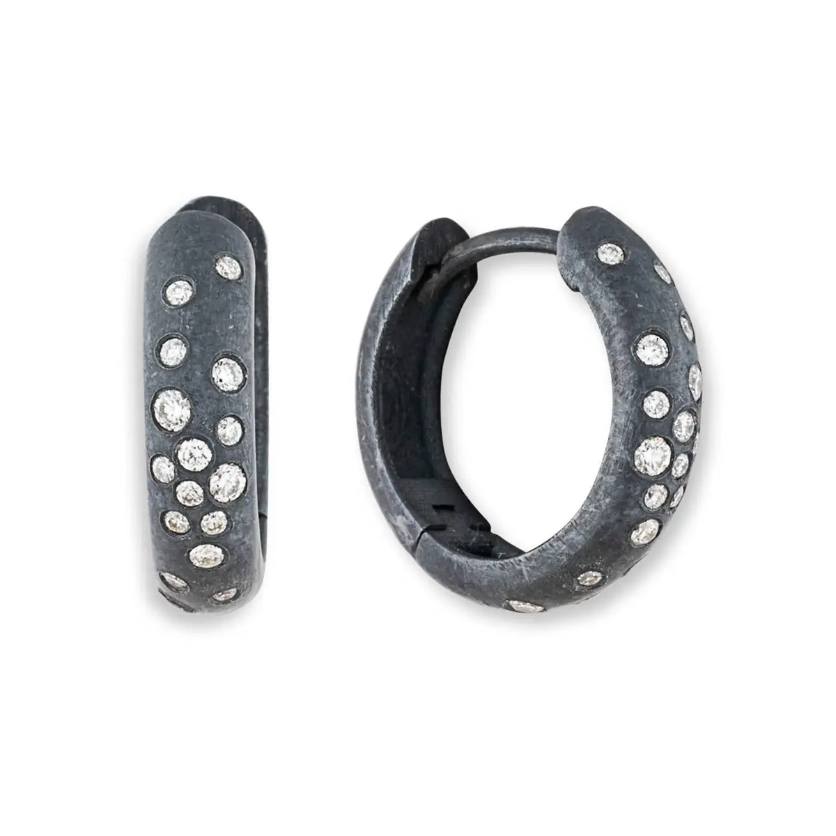 Lika Behar Flush Set Diamond Scatter Huggie Hoop Earrings in Oxidized Sterling Silver